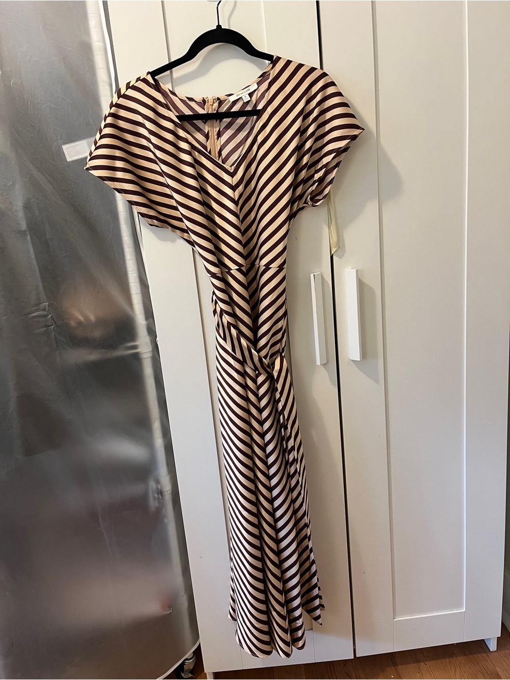 Striped V-Neck Maxi Dress in Brown and Cream